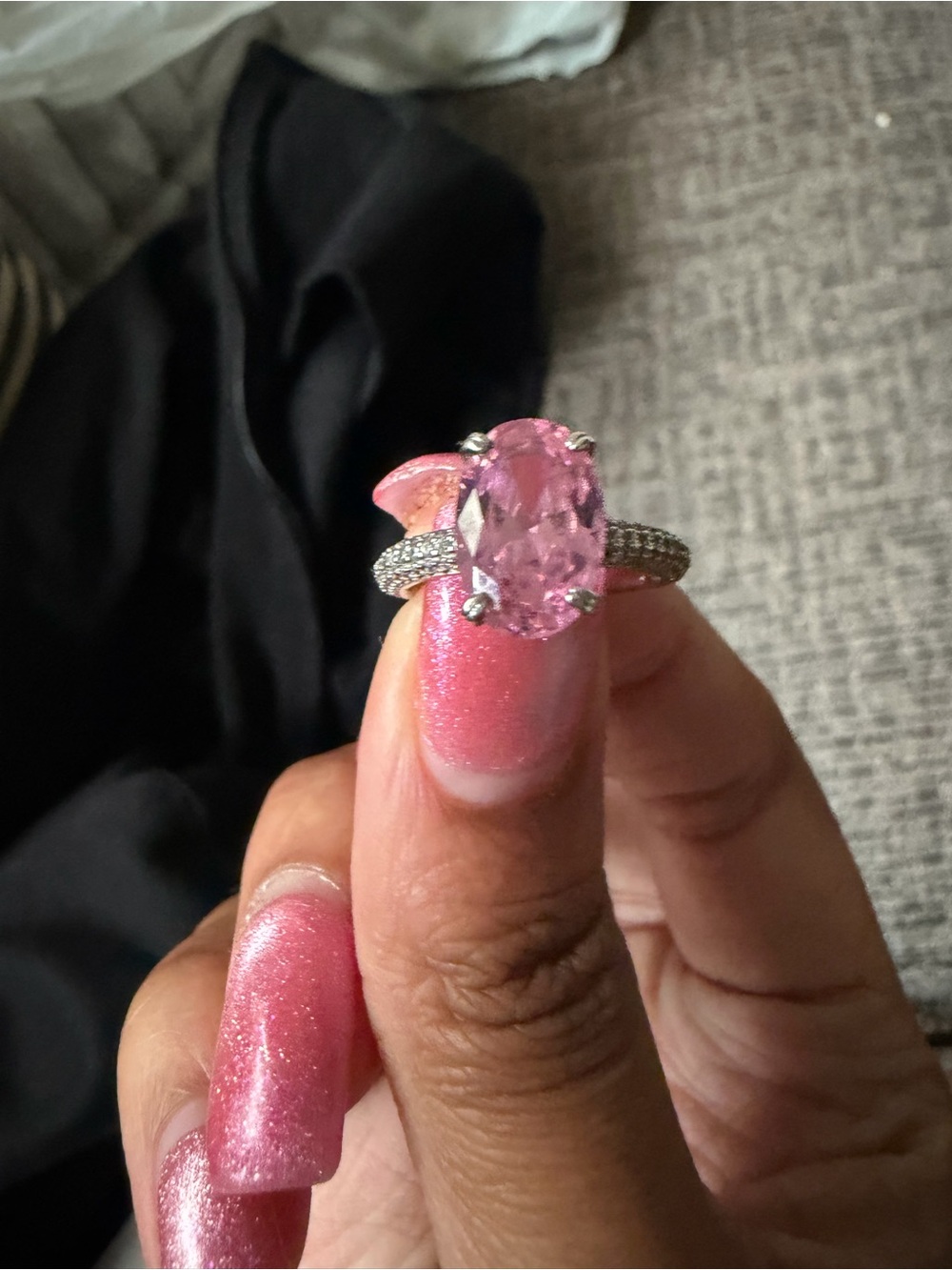 Sparkling Pink gemstone Crystal Ring with Pavé Band moissanite